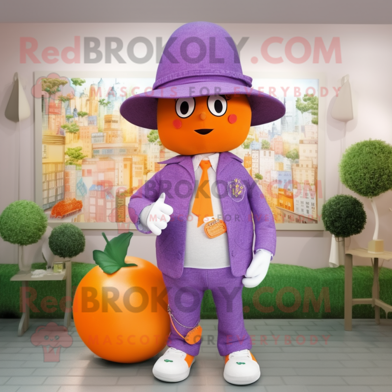 Lavender Mandarin mascot costume character dressed with a Polo Tee and Hats Lavender Mandarin mascot costume character dressed with a Polo Tee and Hats