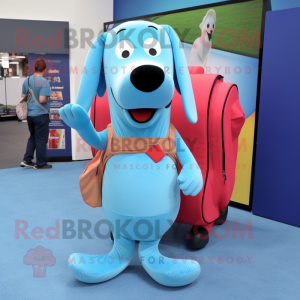 Sky Blue Hot Dogs mascot costume character dressed with a Poplin Shirt and Backpacks