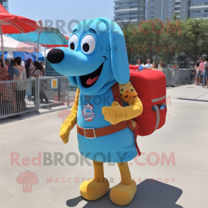 Sky Blue Hot Dogs mascot costume character dressed with a Poplin Shirt and Backpacks