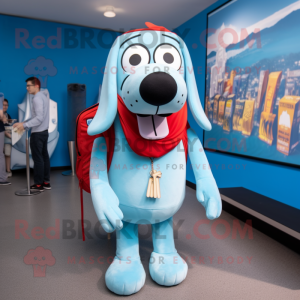 Sky Blue Hot Dogs mascot costume character dressed with a Poplin Shirt and Backpacks