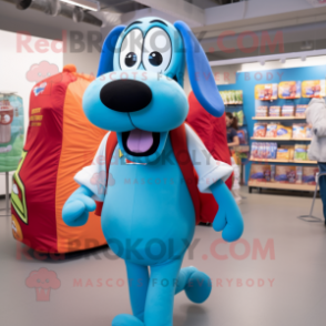 Sky Blue Hot Dogs mascot costume character dressed with a Poplin Shirt and Backpacks