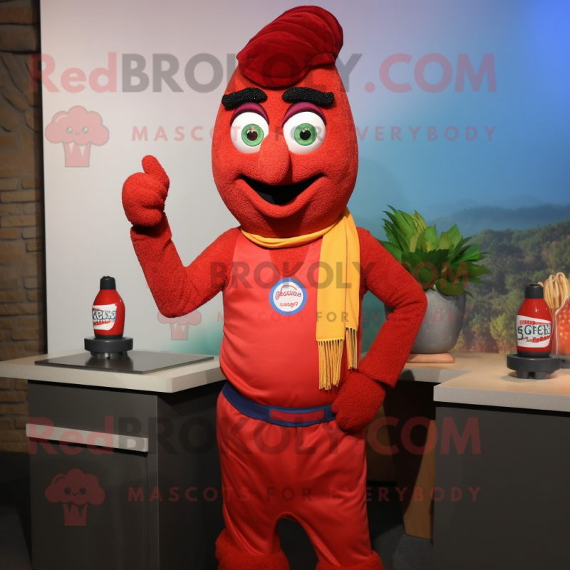 Red Tikka Masala mascot costume character dressed with a Vest and Bracelets