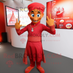 Red Tikka Masala mascot costume character dressed with a Vest and Bracelets