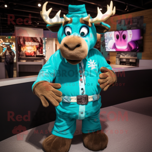 Turquoise Moose mascot costume character dressed with a Henley Shirt and Bracelet watches