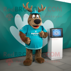 Turquoise Moose mascot costume character dressed with a Henley Shirt and Bracelet watches