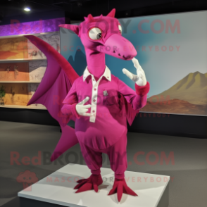 Magenta Pterodactyl mascot costume character dressed with a Button-Up Shirt and Earrings