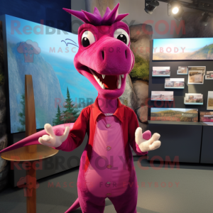 Magenta Pterodactyl mascot costume character dressed with a Button-Up Shirt and Earrings
