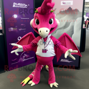 Magenta Pterodactyl mascot costume character dressed with a Button-Up Shirt and Earrings