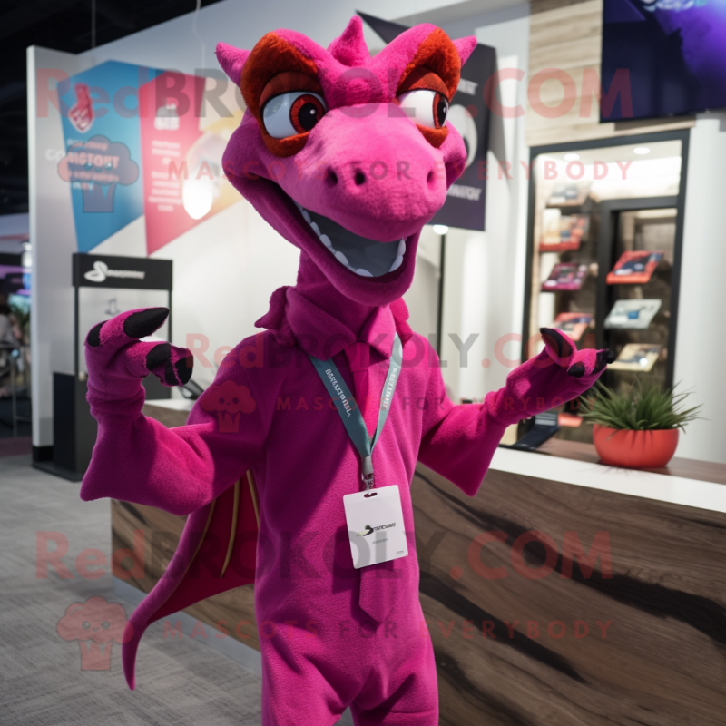 Magenta Pterodactyl mascot costume character dressed with a Button-Up Shirt and Earrings Magenta Pterodactyl mascot costume character dressed with a Button-Up Shirt and Earrings
