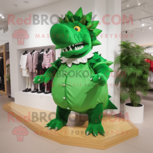 Forest Green Stegosaurus mascot costume character dressed with a Blouse and Shoe laces