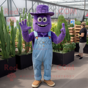 Purple Asparagus mascot costume character dressed with a Denim Shirt and Gloves