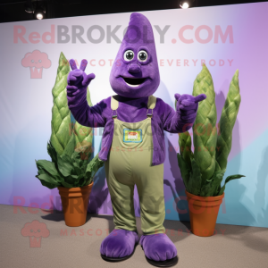 Purple Asparagus mascot costume character dressed with a Denim Shirt and Gloves