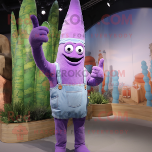 Purple Asparagus mascot costume character dressed with a Denim Shirt and Gloves