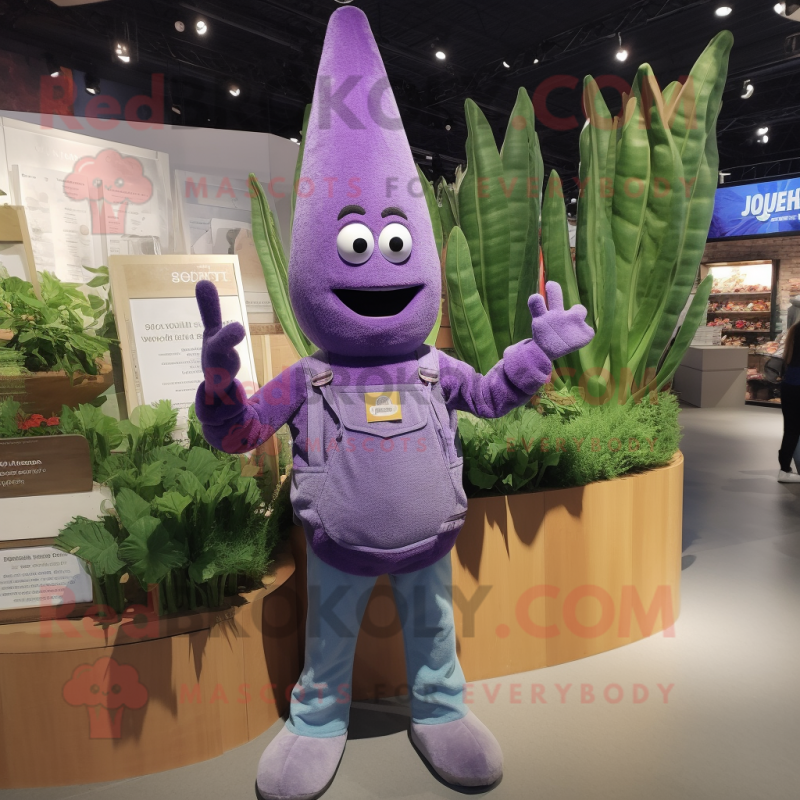 Purple Asparagus mascot costume character dressed with a Denim Shirt and Gloves