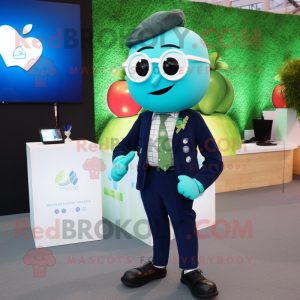 Cyan Apple mascot costume character dressed with a Blazer and Bracelet watches