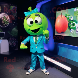 Cyan Apple mascot costume character dressed with a Blazer and Bracelet watches