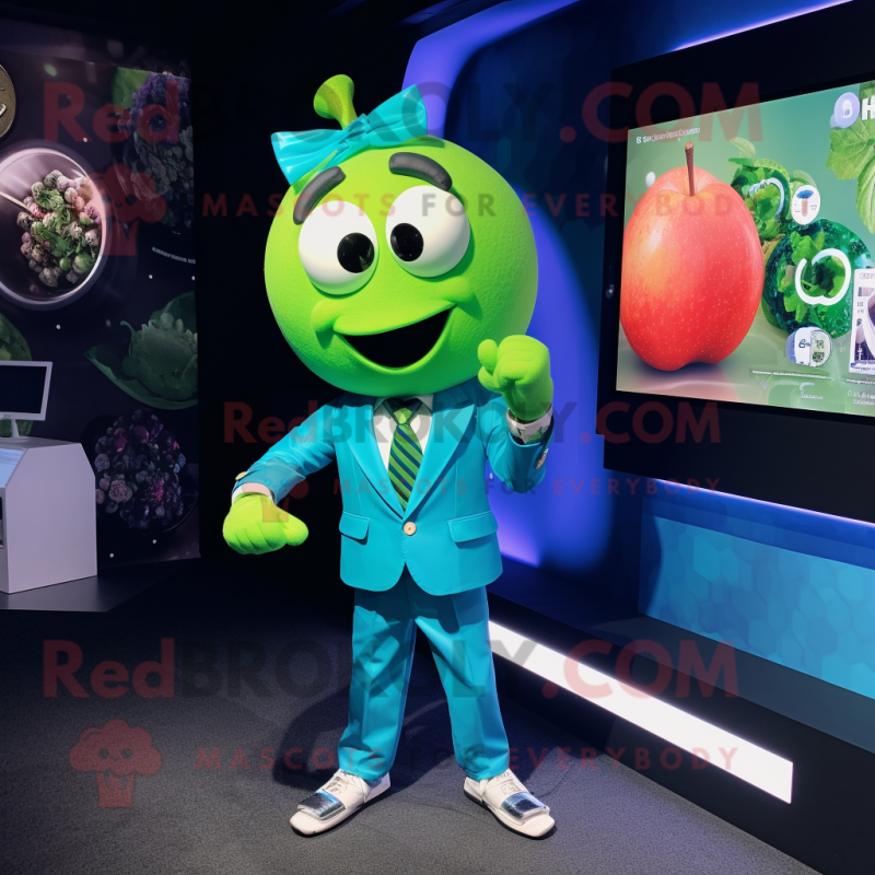 Cyan Apple mascot costume character dressed with a Blazer and Bracelet watches Cyan Apple mascot costume character dressed with a Blazer and Bracelet watches