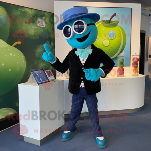 Cyan Apple mascot costume character dressed with a Blazer and Bracelet watches