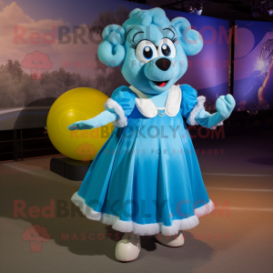 Sky Blue Ram mascot costume character dressed with a Ball Gown and Tie pins