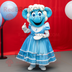 Sky Blue Ram mascot costume character dressed with a Ball Gown and Tie pins