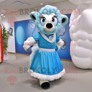 Sky Blue Ram mascot costume character dressed with a Ball Gown and Tie pins