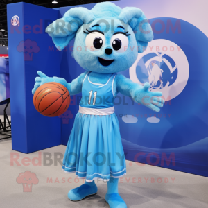 Sky Blue Ram mascot costume character dressed with a Ball Gown and Tie pins