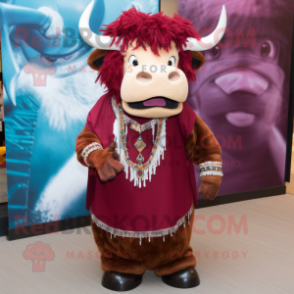 Maroon Bison mascot costume character dressed with a Skirt and Necklaces