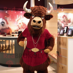 Maroon Bison mascot costume character dressed with a Skirt and Necklaces