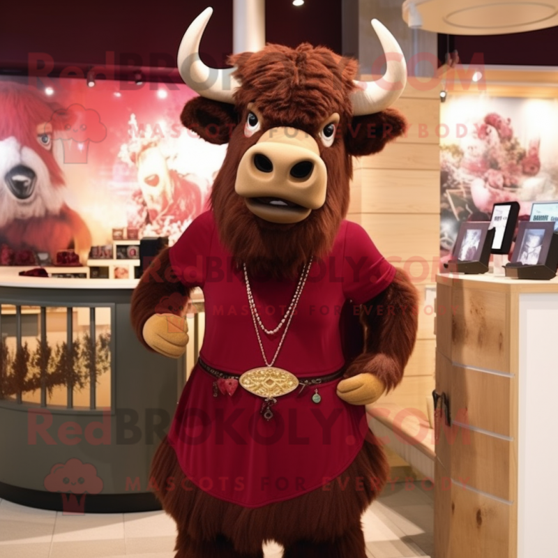 Maroon Bison mascot costume character dressed with a Skirt and Necklaces Maroon Bison mascot costume character dressed with a Skirt and Necklaces
