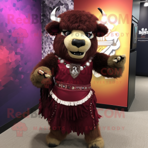 Maroon Bison mascot costume character dressed with a Skirt and Necklaces