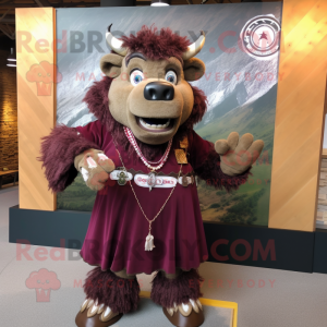 Maroon Bison mascot costume character dressed with a Skirt and Necklaces