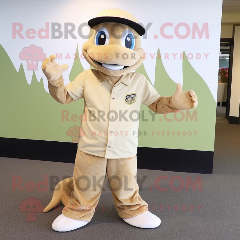 Beige Snake mascot costume character dressed with a Henley Tee and Caps