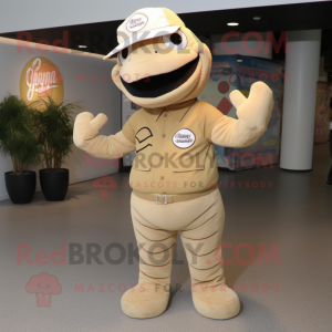 Beige Snake mascot costume character dressed with a Henley Tee and Caps