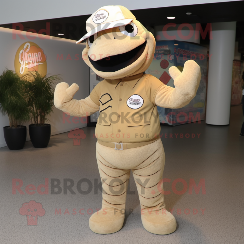 Beige Snake mascot costume character dressed with a Henley Tee and Caps Beige Snake mascot costume character dressed with a Henley Tee and Caps