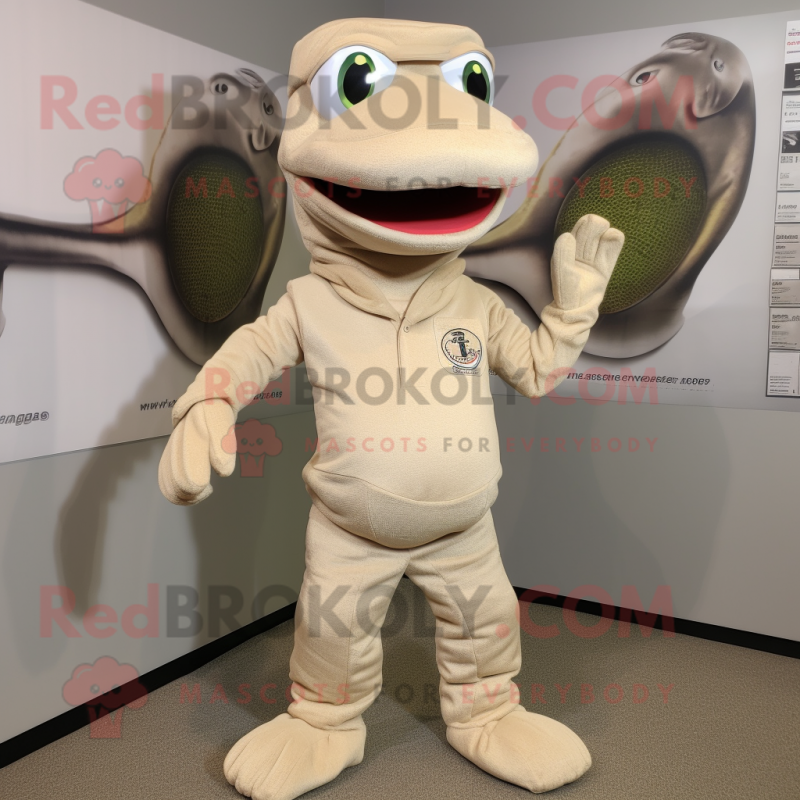 Beige Snake mascot costume character dressed with a Henley Tee and Caps Beige Snake mascot costume character dressed with a Henley Tee and Caps