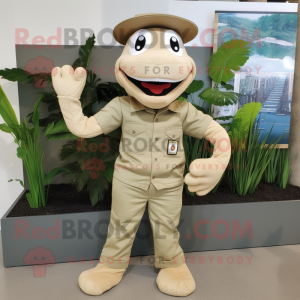 Beige Snake mascot costume character dressed with a Henley Tee and Caps