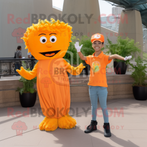Orange Caesar Salad mascot costume character dressed with a Mom Jeans and Hair clips