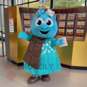 Turquoise Chocolate Bar mascot costume character dressed with a Pleated Skirt and Coin purses