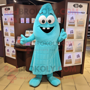 Turquoise Chocolate Bar mascot costume character dressed with a Pleated Skirt and Coin purses