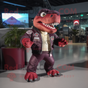 Maroon Tyrannosaurus mascot costume character dressed with a Bomber Jacket and Backpacks