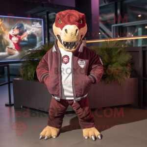 Maroon Tyrannosaurus mascot costume character dressed with a Bomber Jacket and Backpacks
