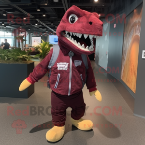 Maroon Tyrannosaurus mascot costume character dressed with a Bomber Jacket and Backpacks