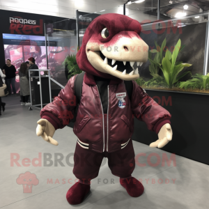 Maroon Tyrannosaurus mascot costume character dressed with a Bomber Jacket and Backpacks