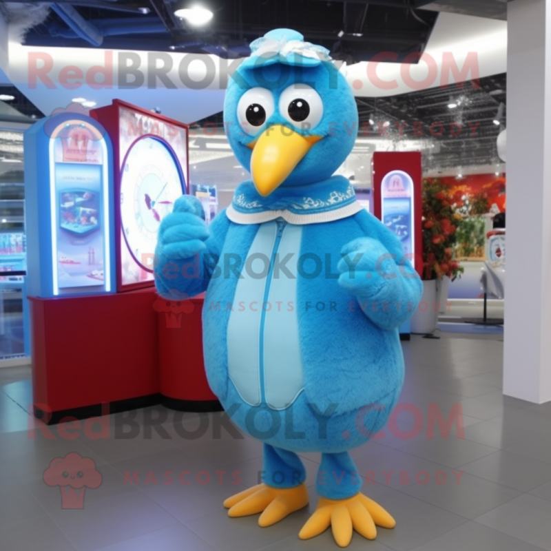 Sky Blue Turkey mascot costume character dressed with a Cardigan and Digital watches