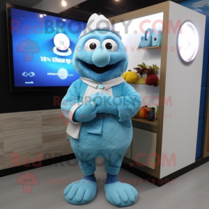 Sky Blue Turkey mascot costume character dressed with a Cardigan and Digital watches