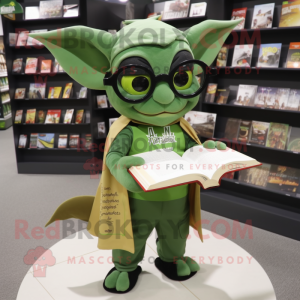Olive Bat mascot costume character dressed with a Graphic Tee and Reading glasses
