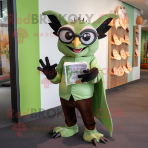 Olive Bat mascot costume character dressed with a Graphic Tee and Reading glasses