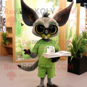 Olive Bat mascot costume character dressed with a Graphic Tee and Reading glasses