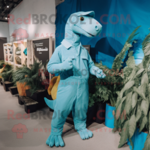 Cyan Iguanodon mascot costume character dressed with a Jumpsuit and Suspenders