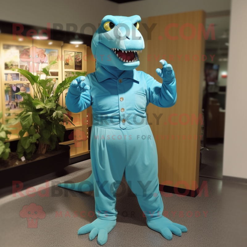 Cyan Iguanodon mascot costume character dressed with a Jumpsuit and Suspenders